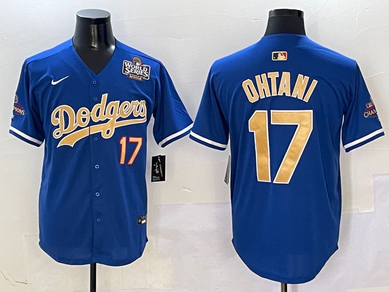 Men Los Angeles Dodgers #17 Ohtani Blue Champion gold character 2025 Nike MLB Jersey style 4091